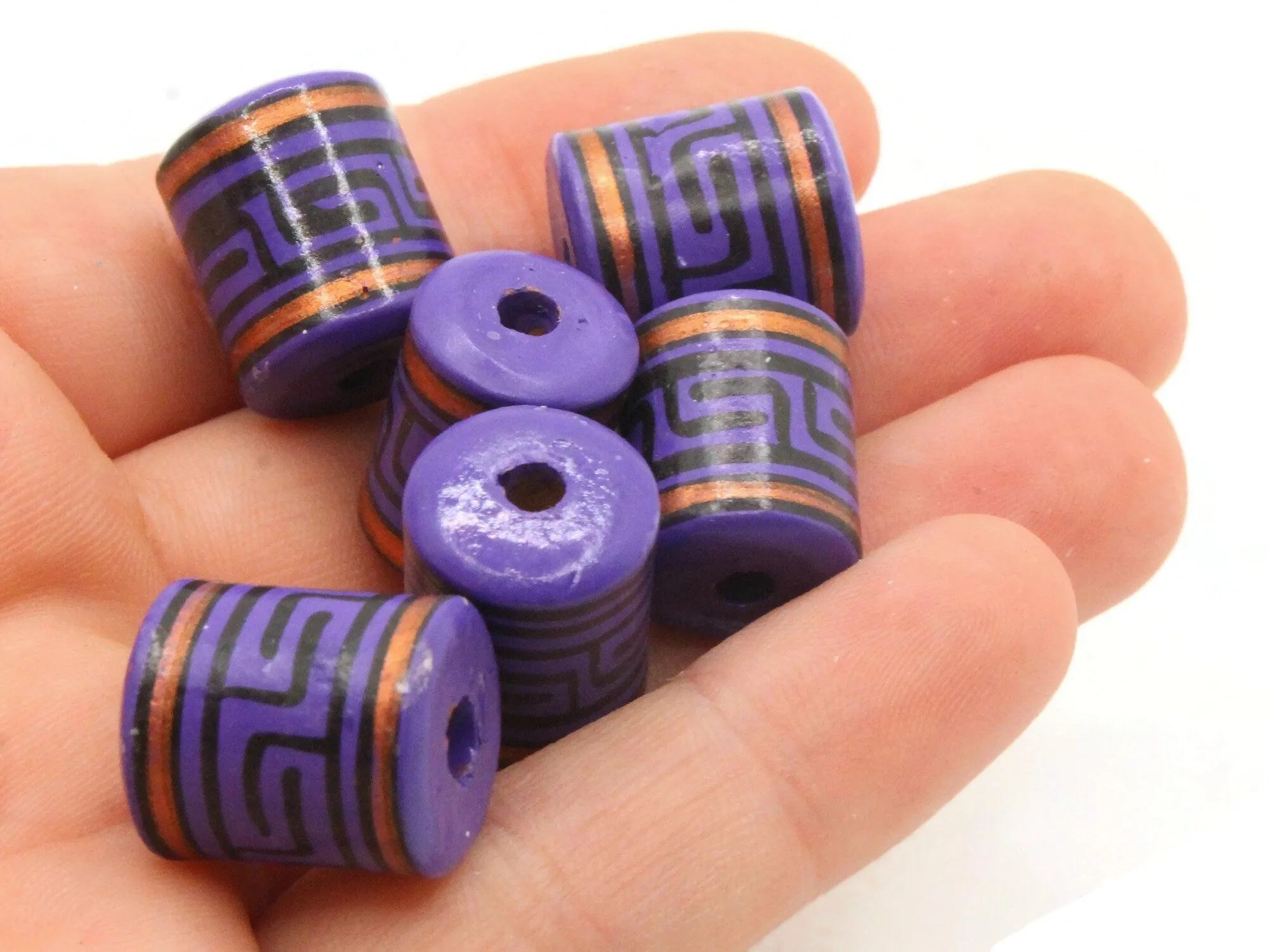 6 16mm Vintage Painted Clay Purple Copper and Black  Patterned Peru Tube Beads