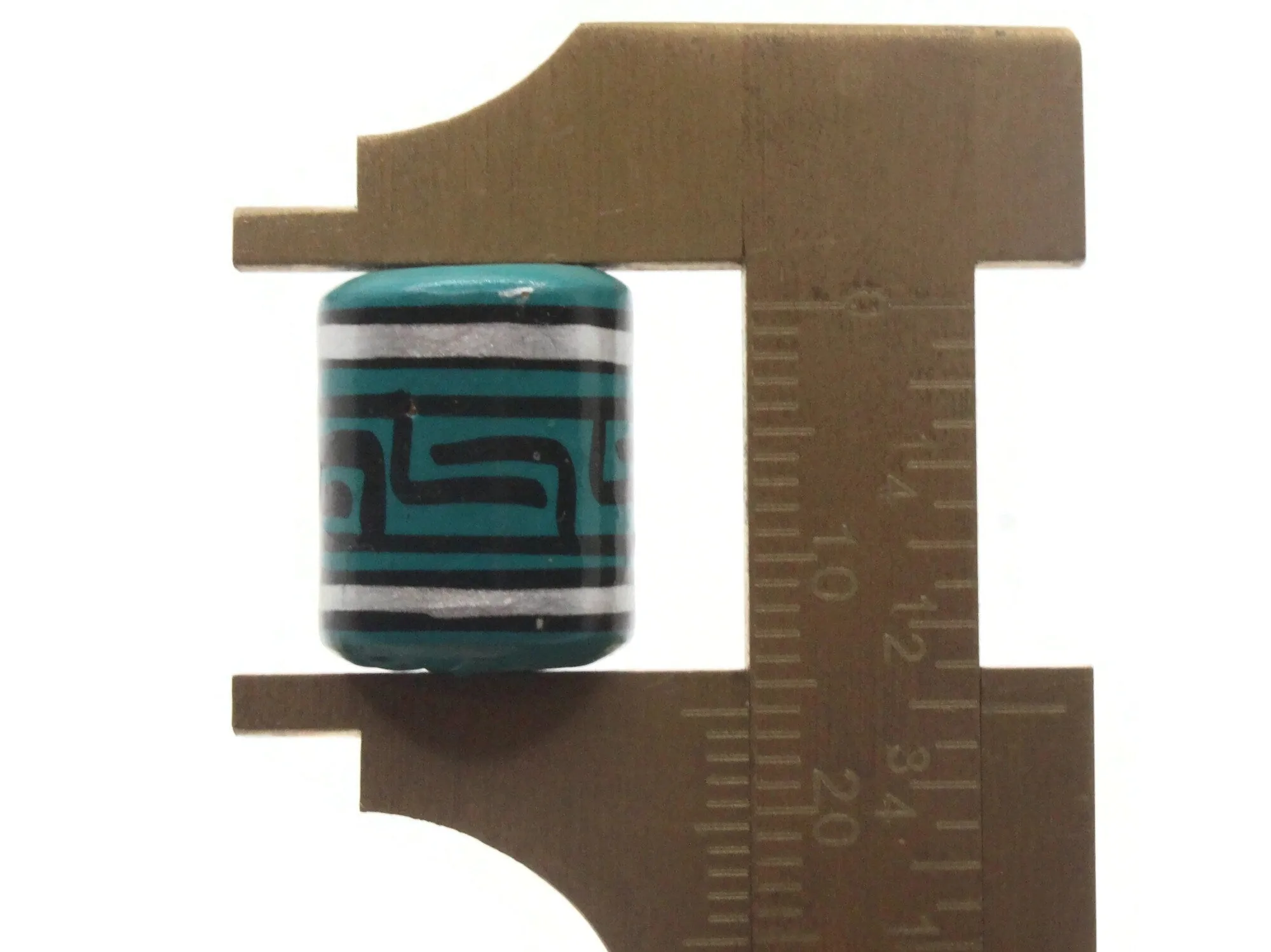 6 16mm Vintage Painted Clay Teal Green Silver and Black  Patterned Tube Peruvian Clay Beads