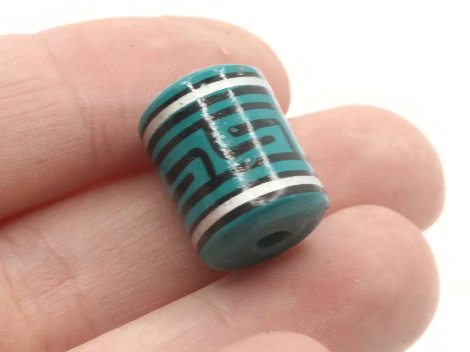 6 16mm Vintage Painted Clay Teal Green Silver and Black  Patterned Tube Peruvian Clay Beads