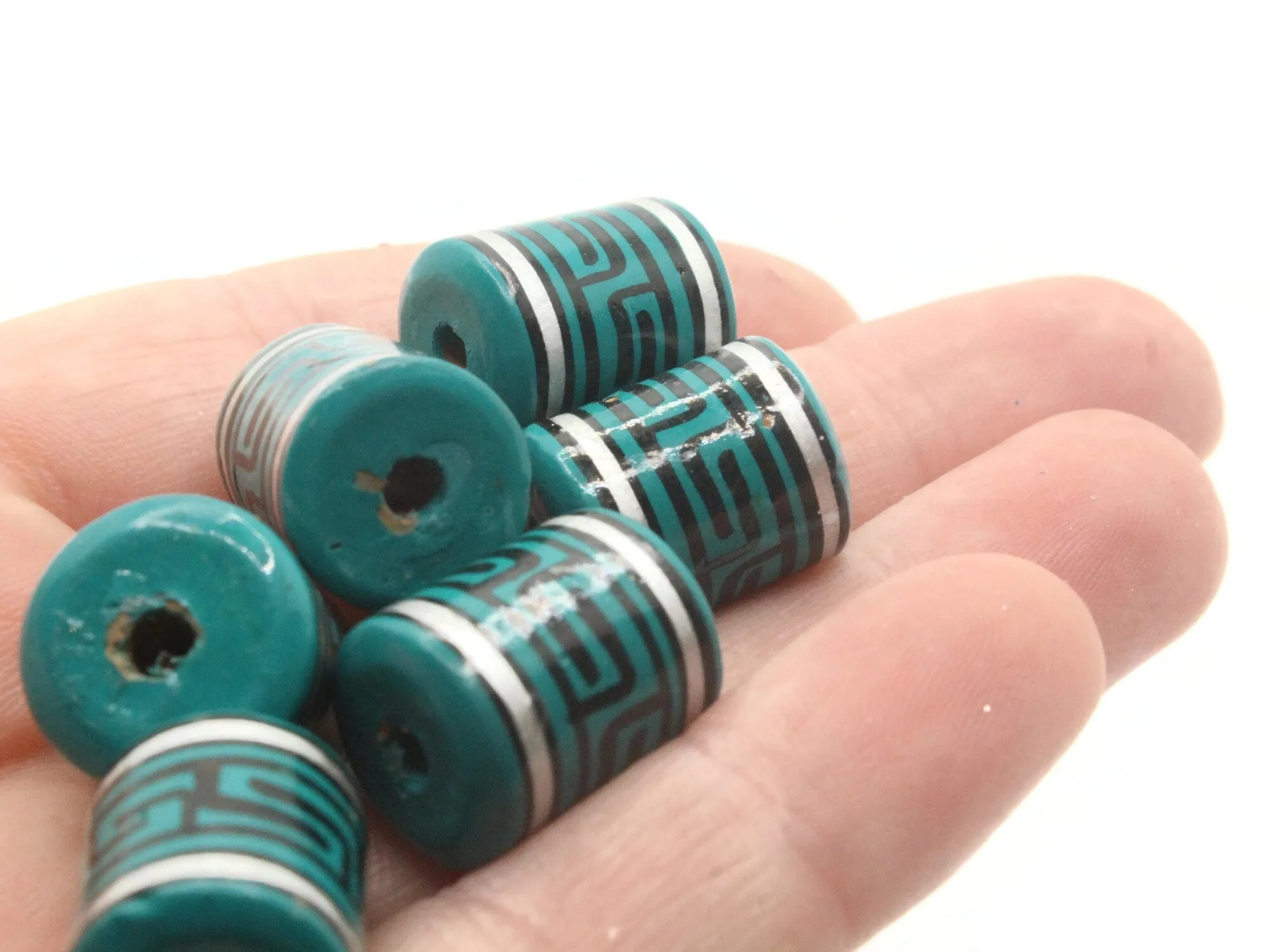 6 16mm Vintage Painted Clay Teal Green Silver and Black  Patterned Tube Peruvian Clay Beads