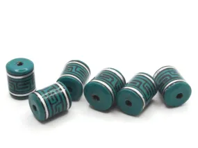 6 16mm Vintage Painted Clay Teal Green Silver and Black  Patterned Tube Peruvian Clay Beads