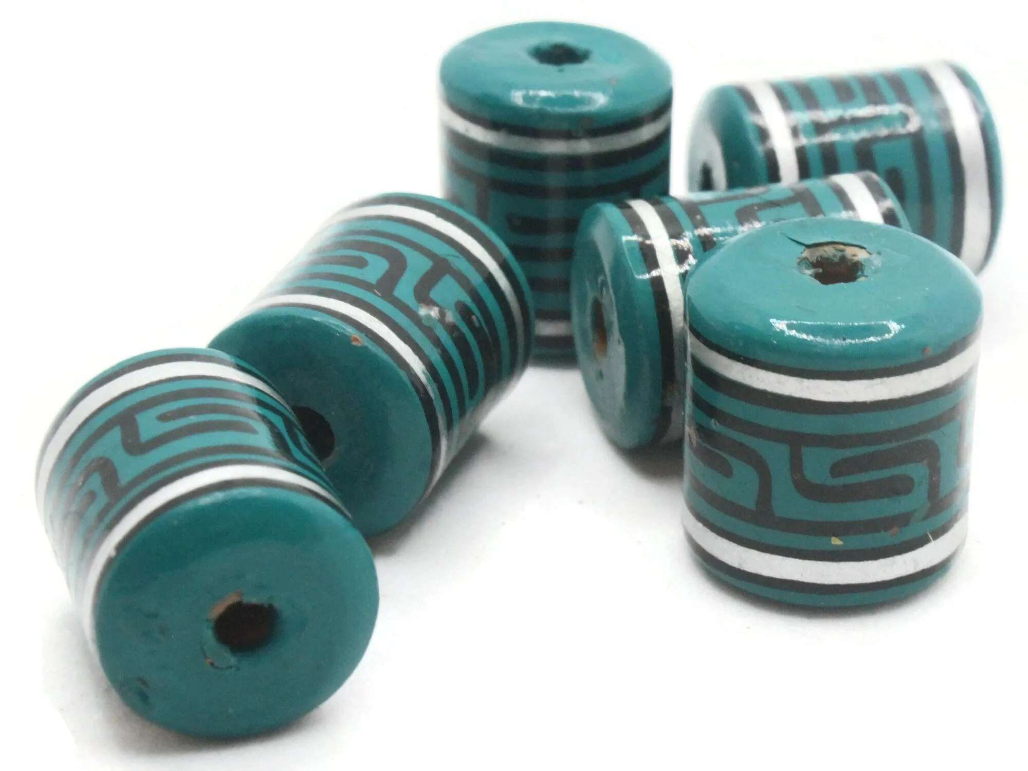 6 16mm Vintage Painted Clay Teal Green Silver and Black  Patterned Tube Peruvian Clay Beads