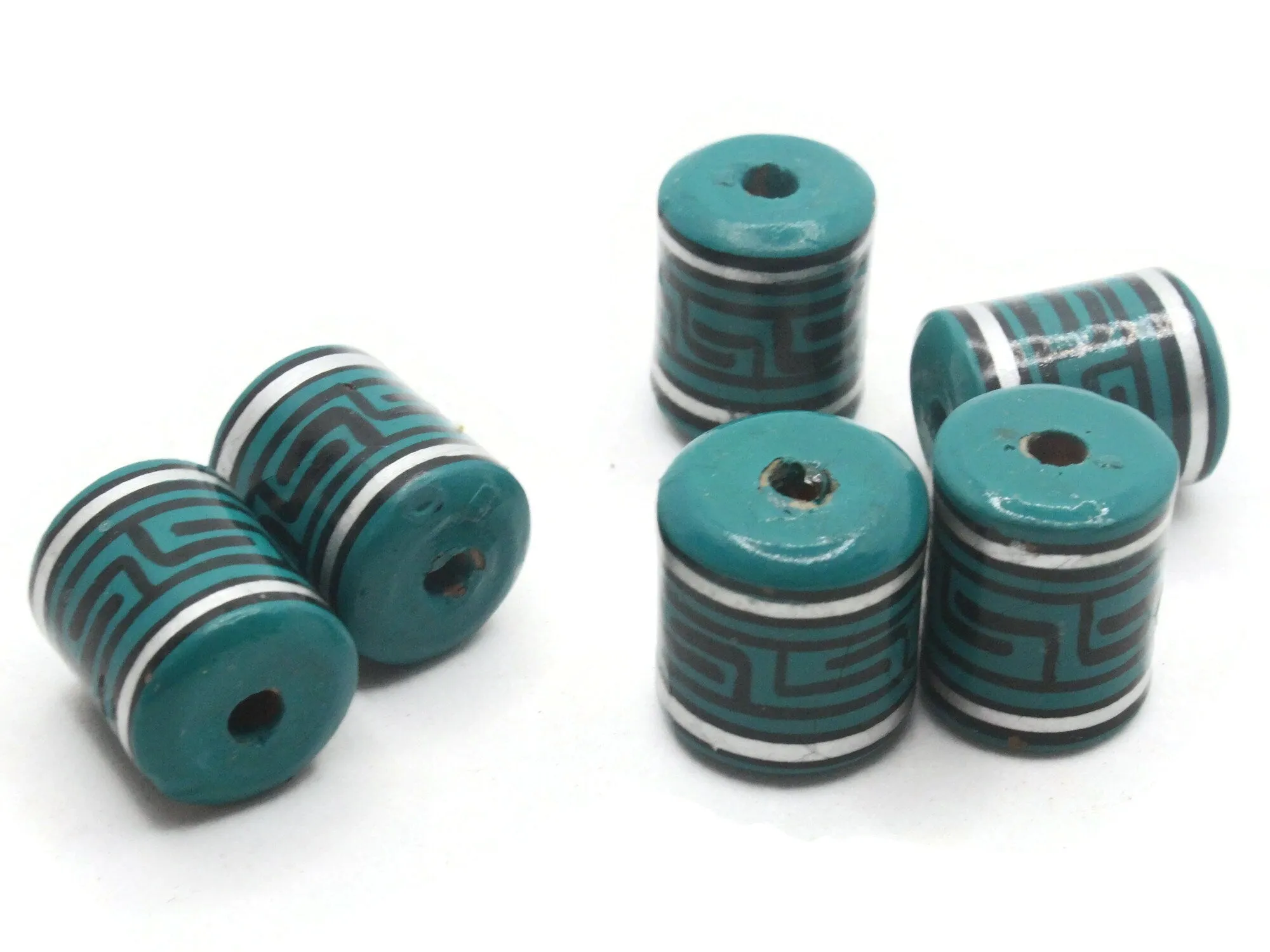 6 16mm Vintage Painted Clay Teal Green Silver and Black  Patterned Tube Peruvian Clay Beads