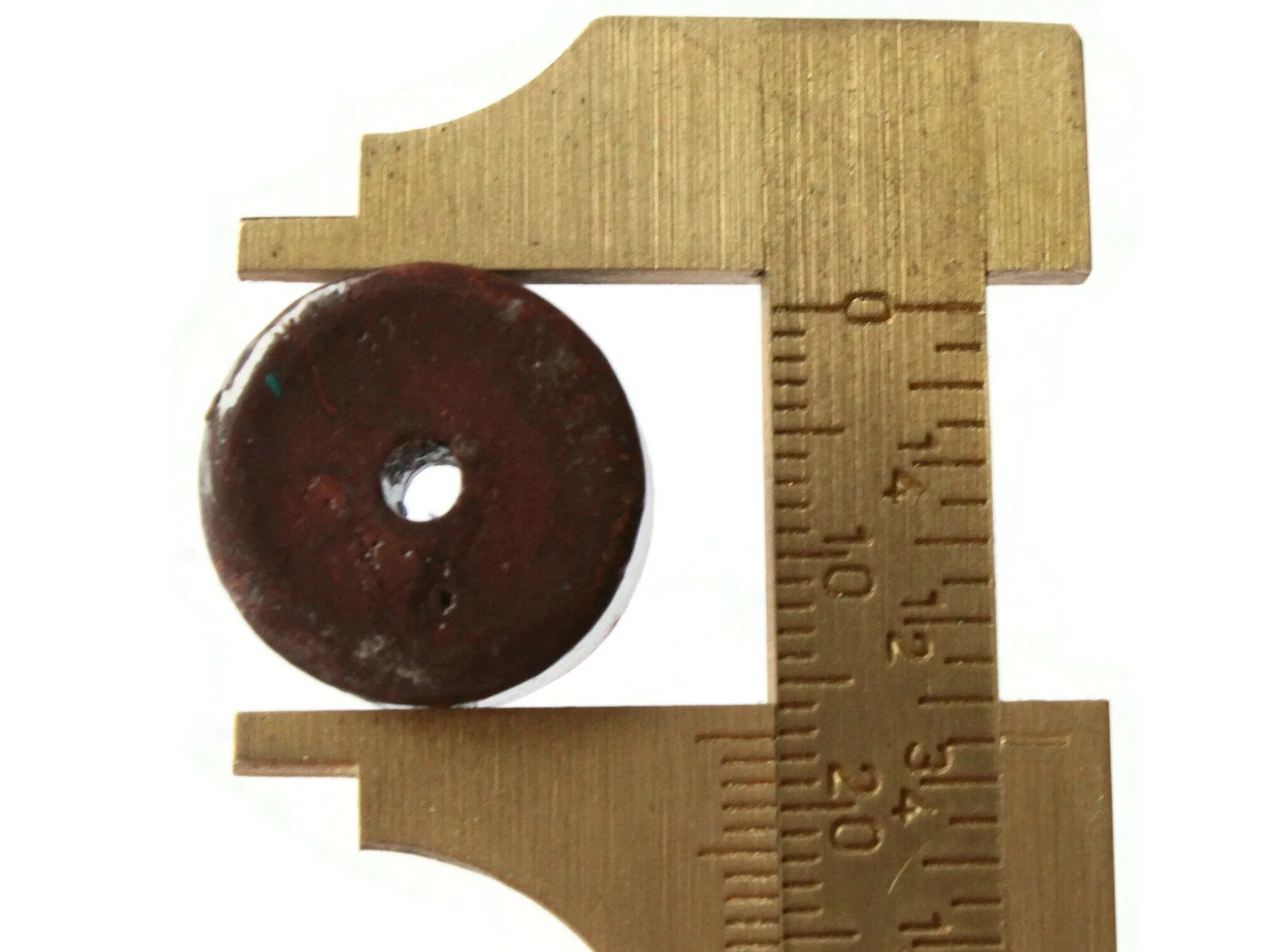 6 17mm Vintage Painted Peruvian Clay Beads - Dark Brown, Copper, and Black Patterned Disc Beads
