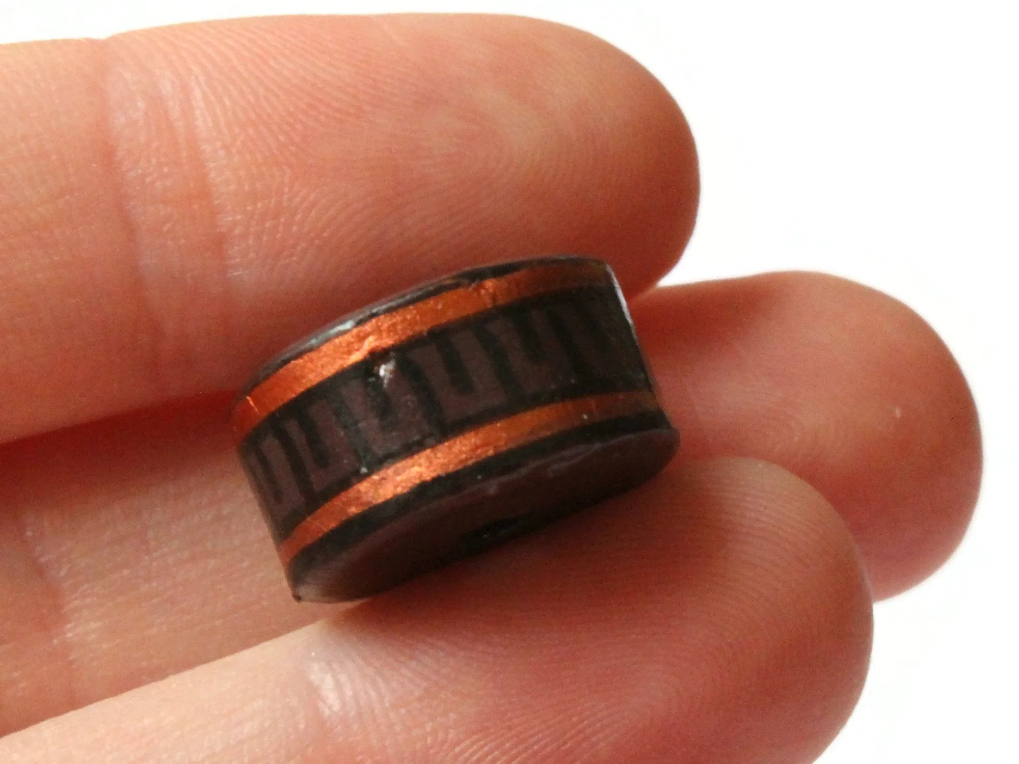 6 17mm Vintage Painted Peruvian Clay Beads - Dark Brown, Copper, and Black Patterned Disc Beads