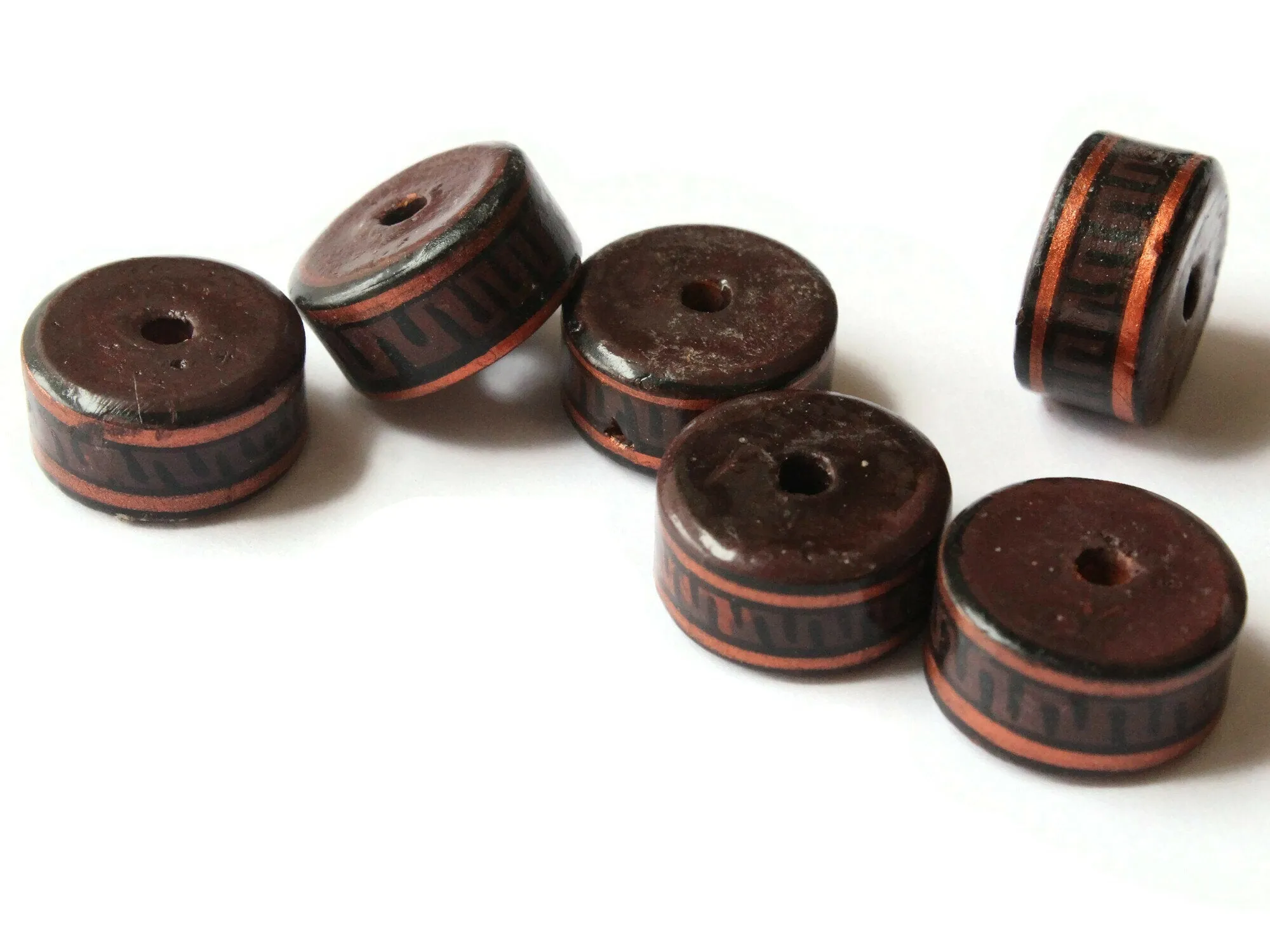 6 17mm Vintage Painted Peruvian Clay Beads - Dark Brown, Copper, and Black Patterned Disc Beads