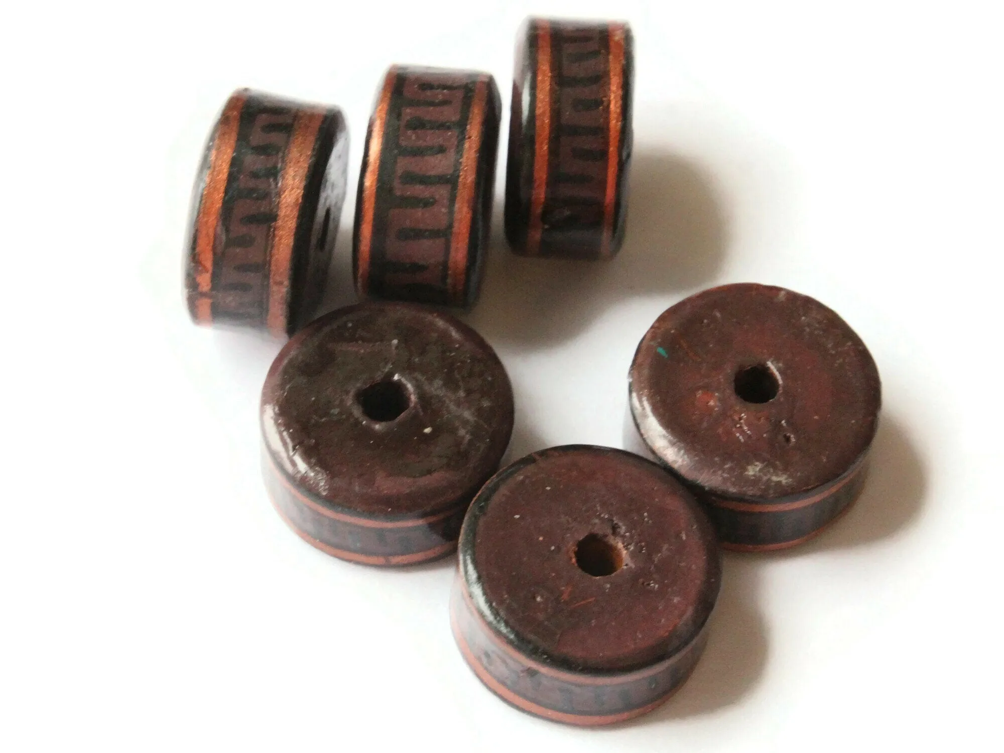 6 17mm Vintage Painted Peruvian Clay Beads - Dark Brown, Copper, and Black Patterned Disc Beads
