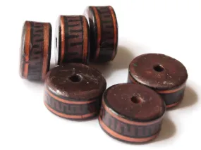 6 17mm Vintage Painted Peruvian Clay Beads - Dark Brown, Copper, and Black Patterned Disc Beads