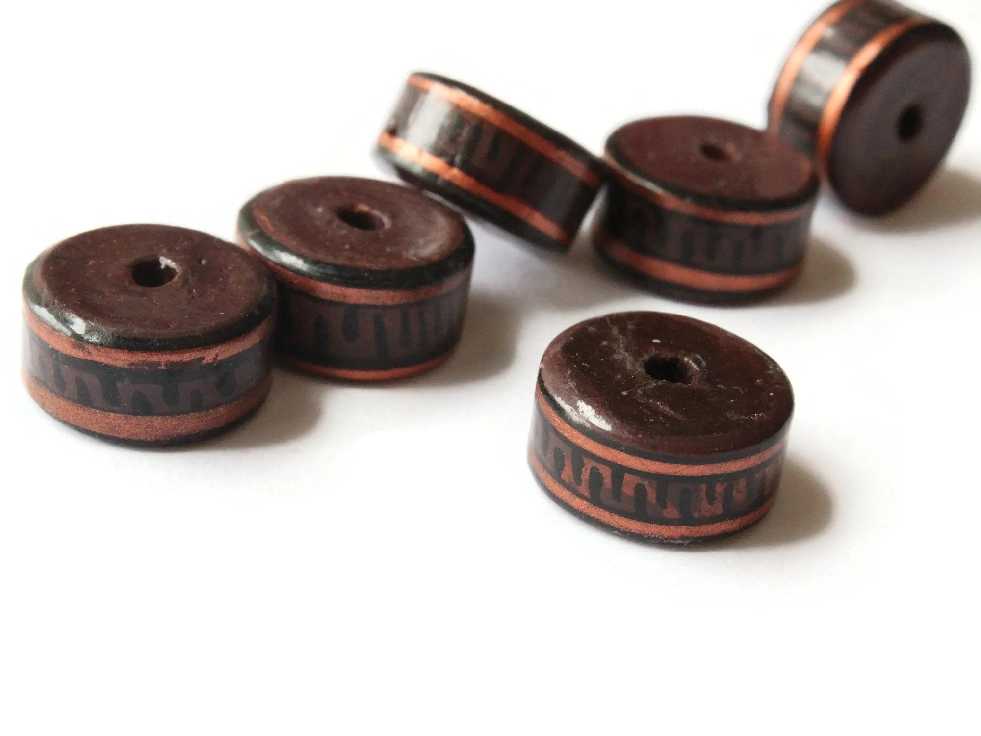 6 17mm Vintage Painted Peruvian Clay Beads - Dark Brown, Copper, and Black Patterned Disc Beads