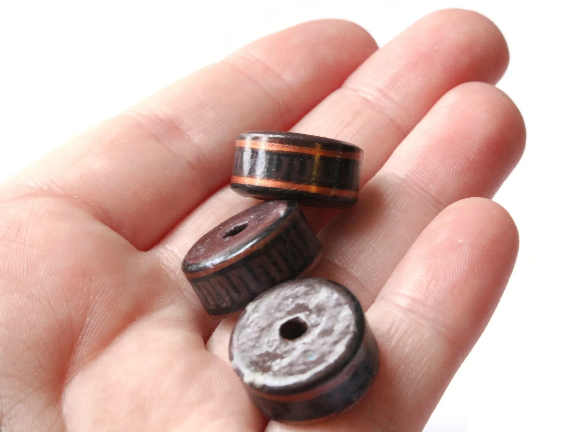 6 17mm Vintage Painted Peruvian Clay Beads - Dark Brown, Copper, and Black Patterned Disc Beads