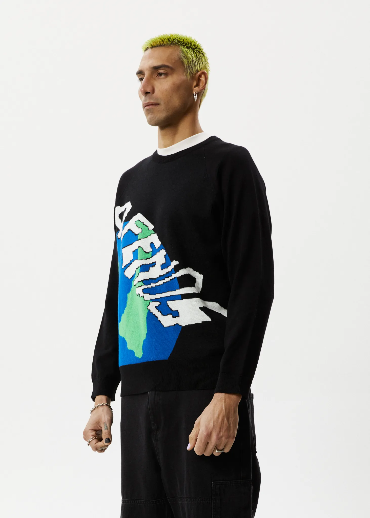 Afends Mens Orbital - Raglan Knitted Crew Neck Jumper - Black