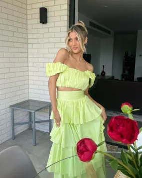 Aje Medina Ruched Cropped Top and Tiered Midi Skirt Set Light Lemon Size 8