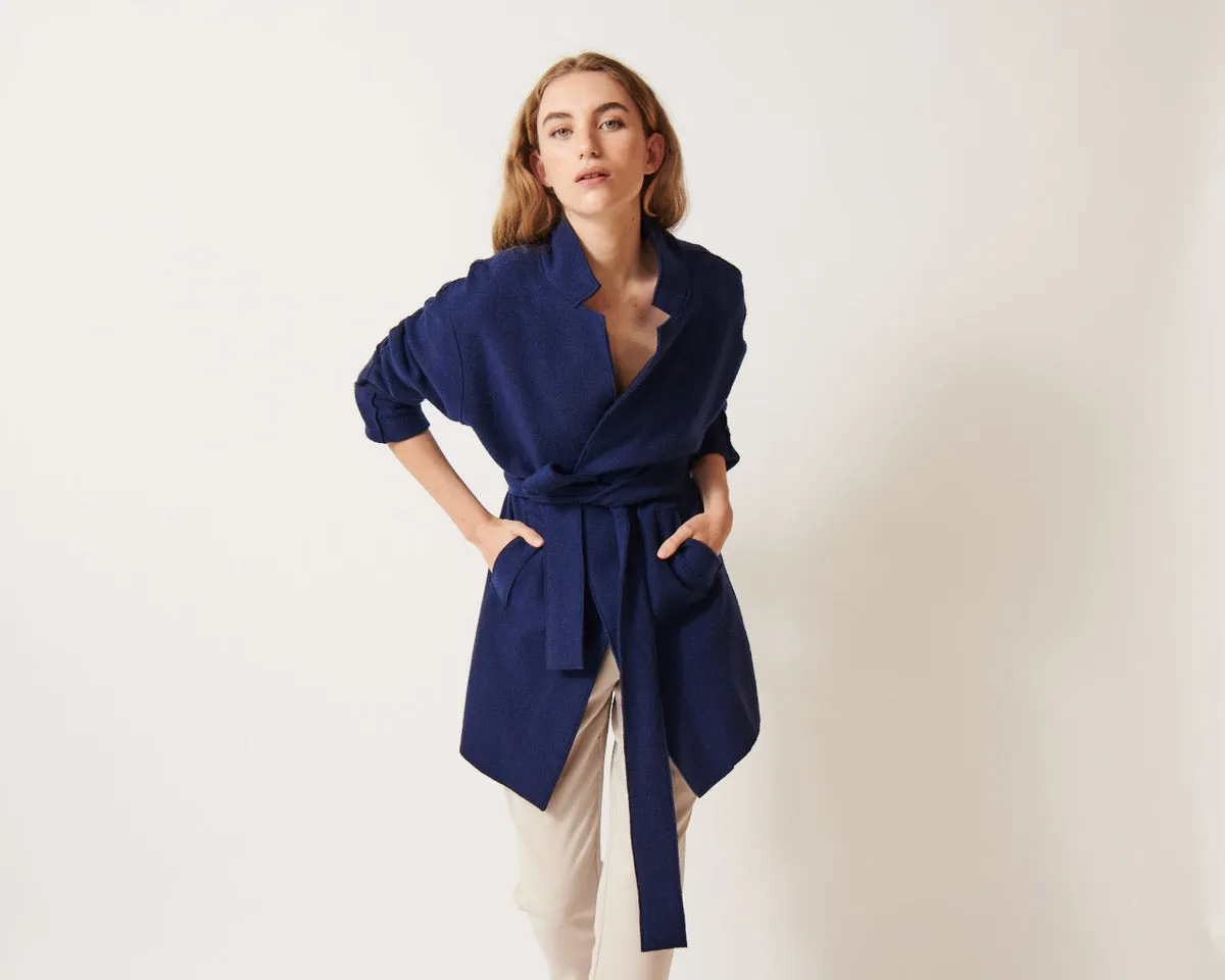 BERLIN French Blue Boiled Wool Belted Cardigan Jacket
