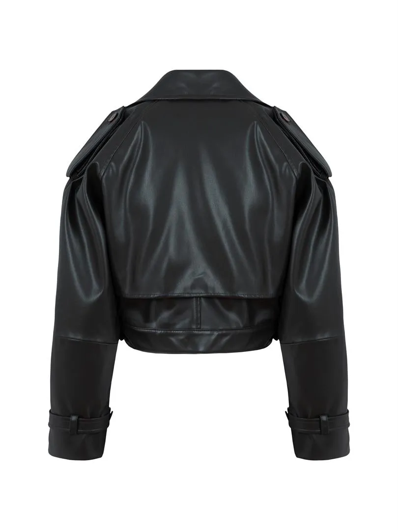 Biker Vegan Leather Jacket with Arm and Waist Belt Detail - Khaki