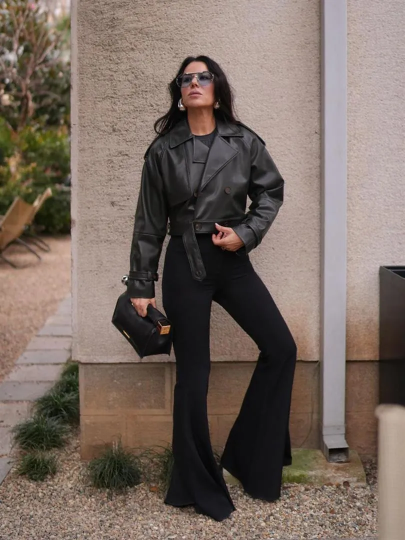 Biker Vegan Leather Jacket with Arm and Waist Belt Detail - Khaki