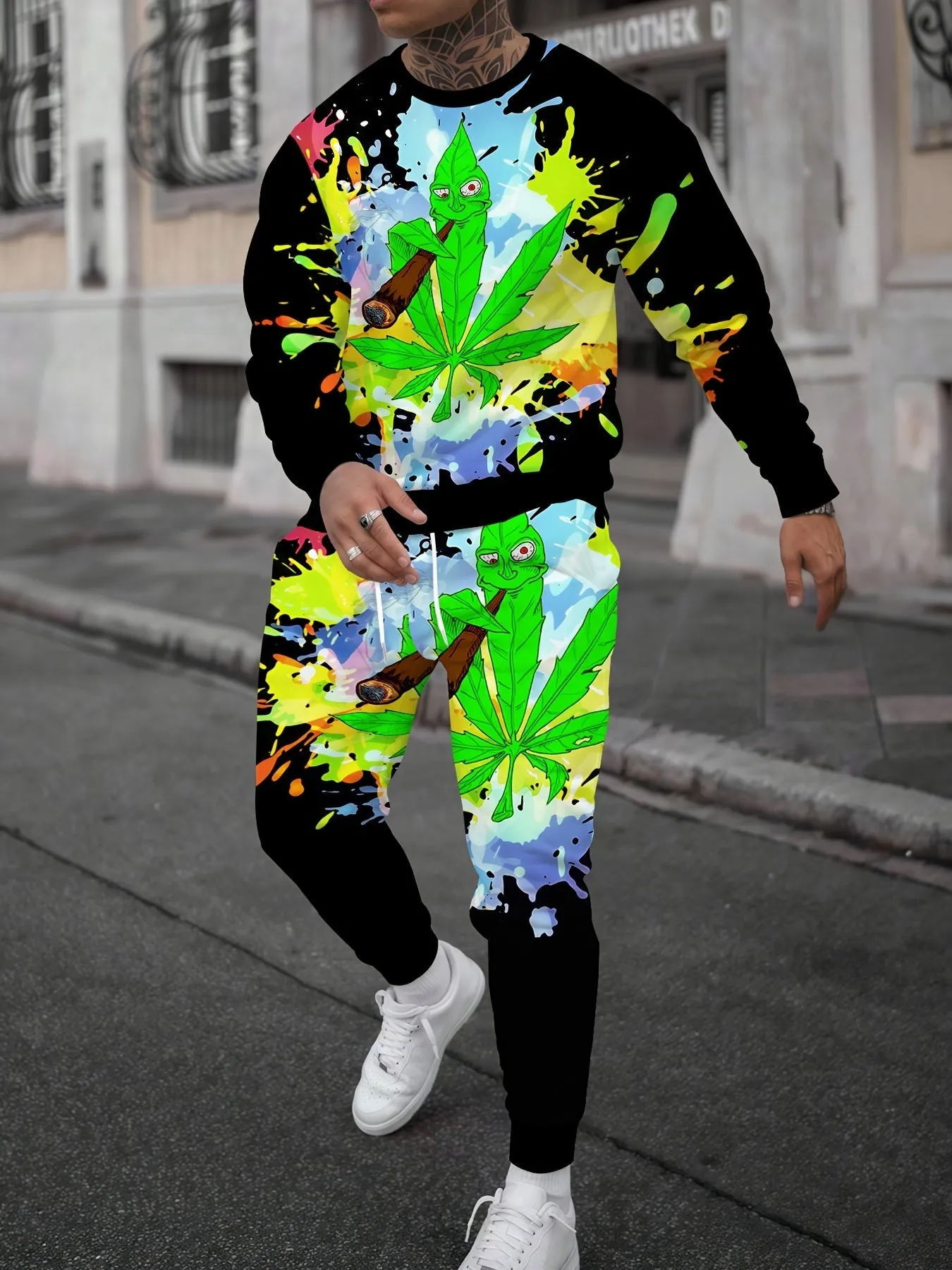 Casual Crew Neck Sweatsuit Set - Polyester & Spandex Blend, Long Sleeve, Leaf and Smoke Print, Regular Fit, Knit Fabric - Fall/Winter Collection - For Men & Women - Perfect for Loungewear, Running Errands, or Casual Outings - Great Gift for Friends