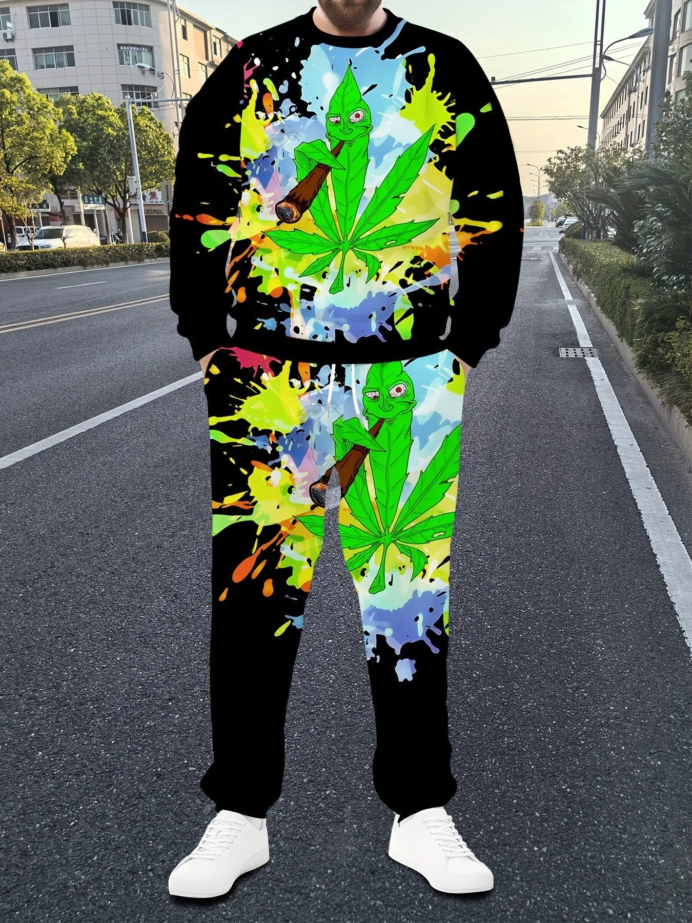 Casual Crew Neck Sweatsuit Set - Polyester & Spandex Blend, Long Sleeve, Leaf and Smoke Print, Regular Fit, Knit Fabric - Fall/Winter Collection - For Men & Women - Perfect for Loungewear, Running Errands, or Casual Outings - Great Gift for Friends