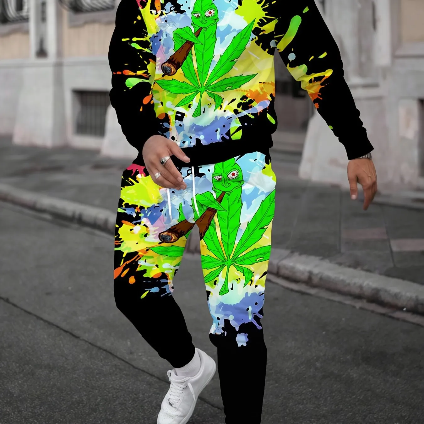 Casual Crew Neck Sweatsuit Set - Polyester & Spandex Blend, Long Sleeve, Leaf and Smoke Print, Regular Fit, Knit Fabric - Fall/Winter Collection - For Men & Women - Perfect for Loungewear, Running Errands, or Casual Outings - Great Gift for Friends