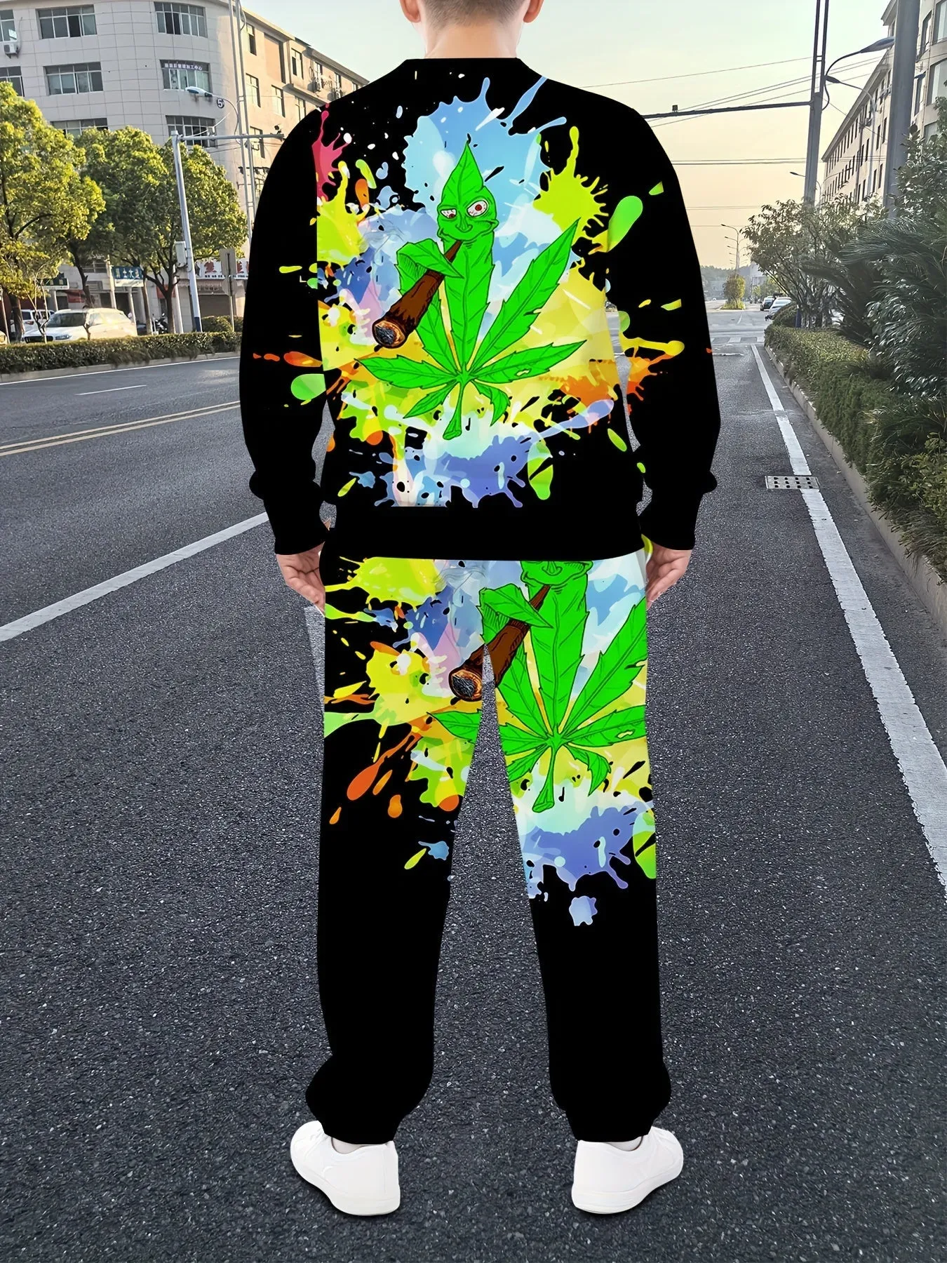 Casual Crew Neck Sweatsuit Set - Polyester & Spandex Blend, Long Sleeve, Leaf and Smoke Print, Regular Fit, Knit Fabric - Fall/Winter Collection - For Men & Women - Perfect for Loungewear, Running Errands, or Casual Outings - Great Gift for Friends