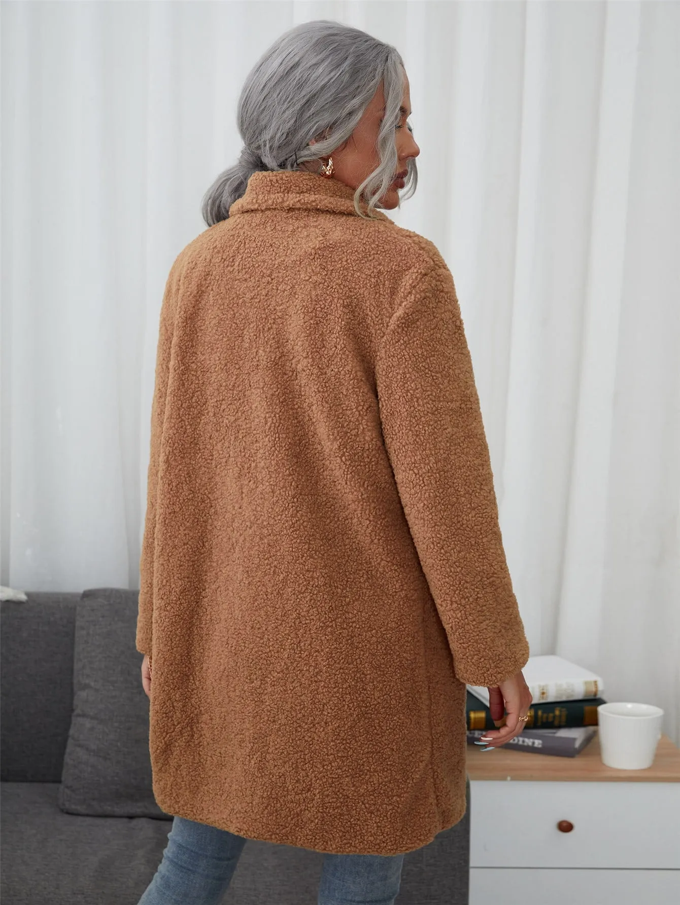 Casual Plain Button Long Sleeve Lapel Short Women Coat