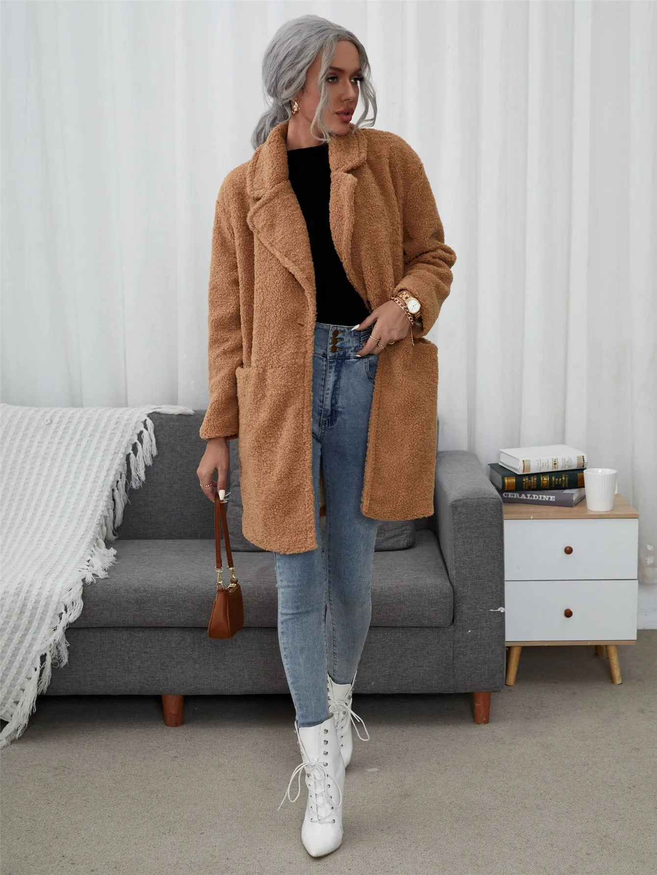 Casual Plain Button Long Sleeve Lapel Short Women Coat