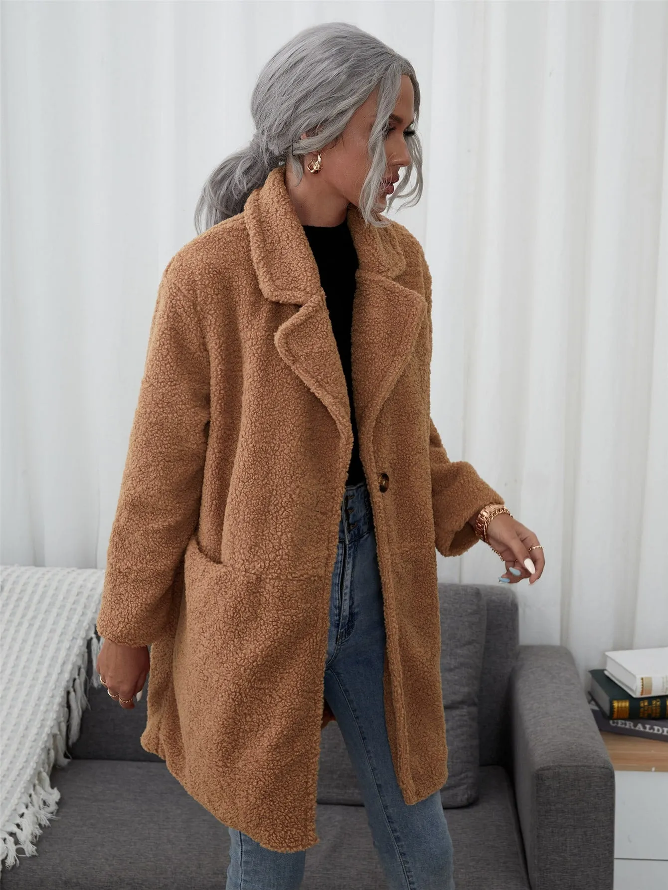 Casual Plain Button Long Sleeve Lapel Short Women Coat