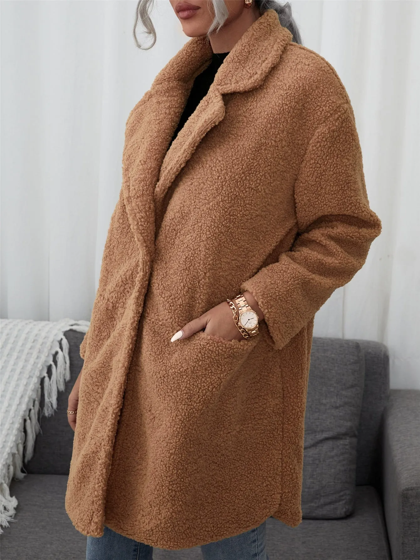 Casual Plain Button Long Sleeve Lapel Short Women Coat