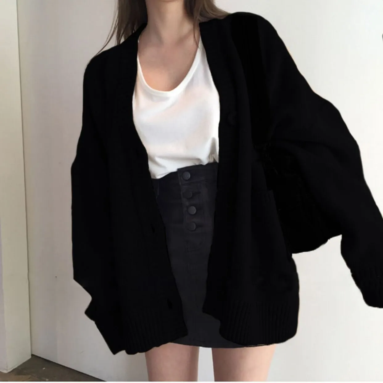 christmas outfit Sonicelife Solid Color Oversized Casual Knitted Cardigan