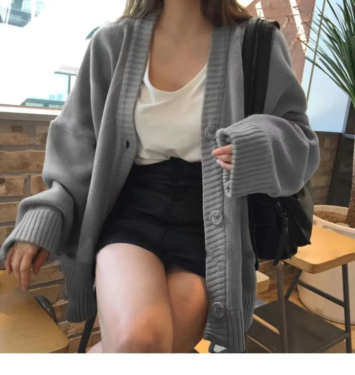 christmas outfit Sonicelife Solid Color Oversized Casual Knitted Cardigan