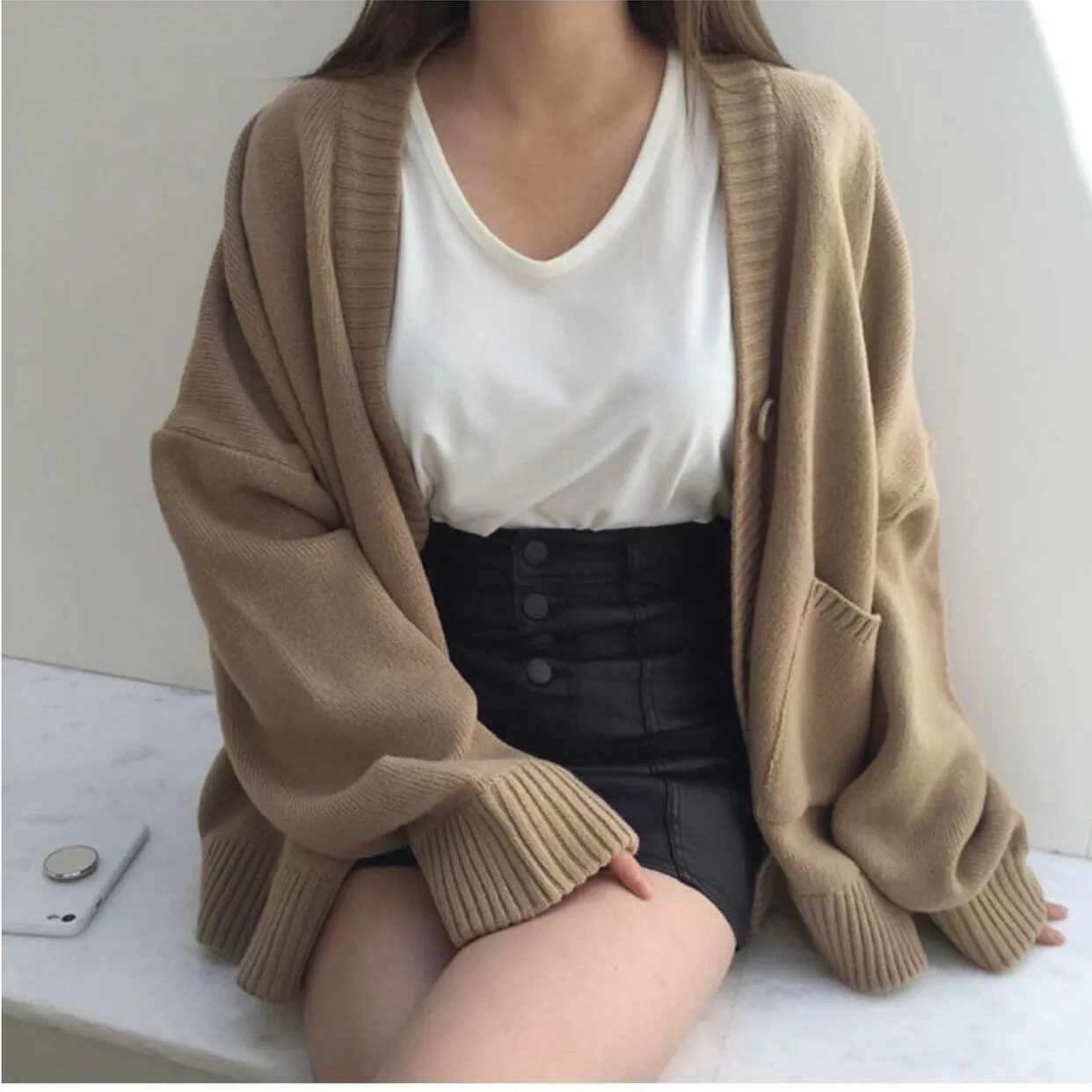 christmas outfit Sonicelife Solid Color Oversized Casual Knitted Cardigan