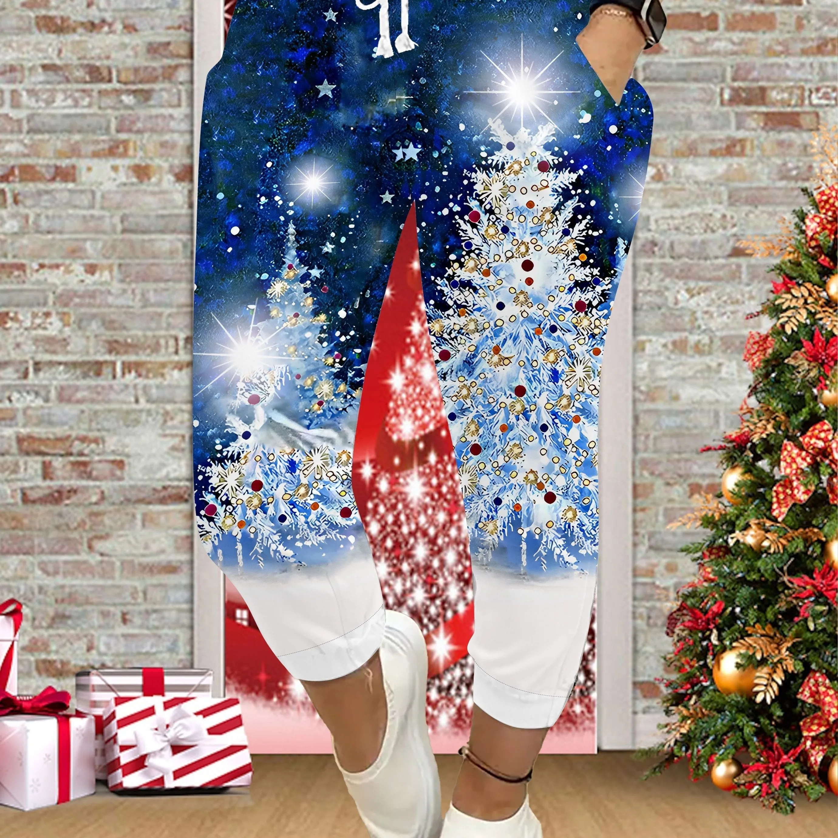 Christmas Tree Print Fitted Bottom Joggers, Casual Drawstring High Waist Crop Pants For Spring & Summer, Women's Clothing