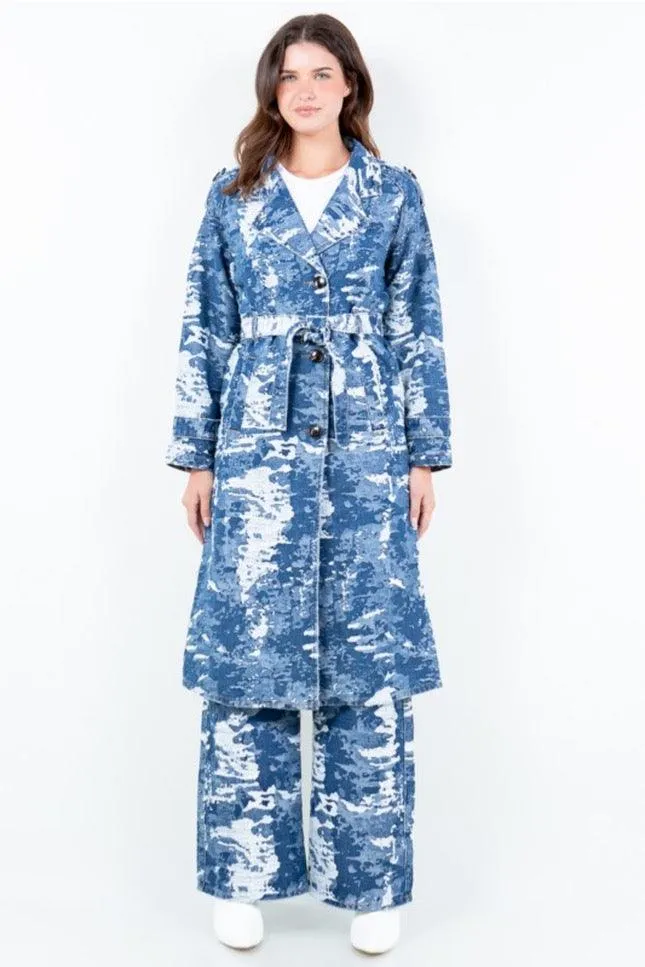 Jacquard Trim Long Trench Coat
