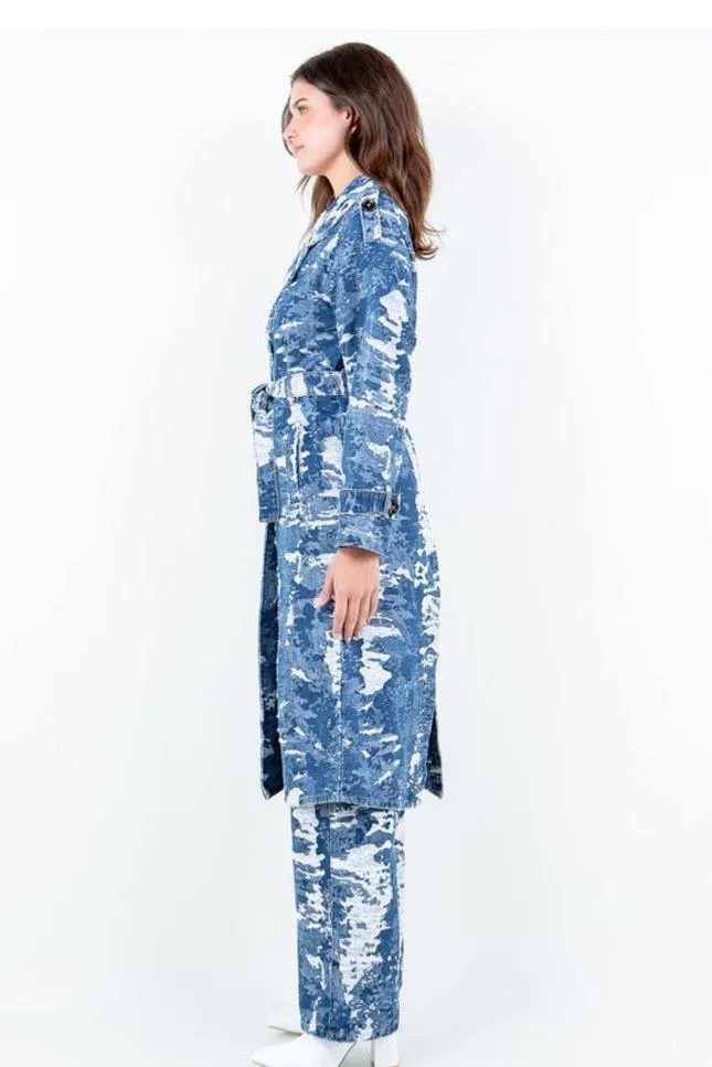 Jacquard Trim Long Trench Coat
