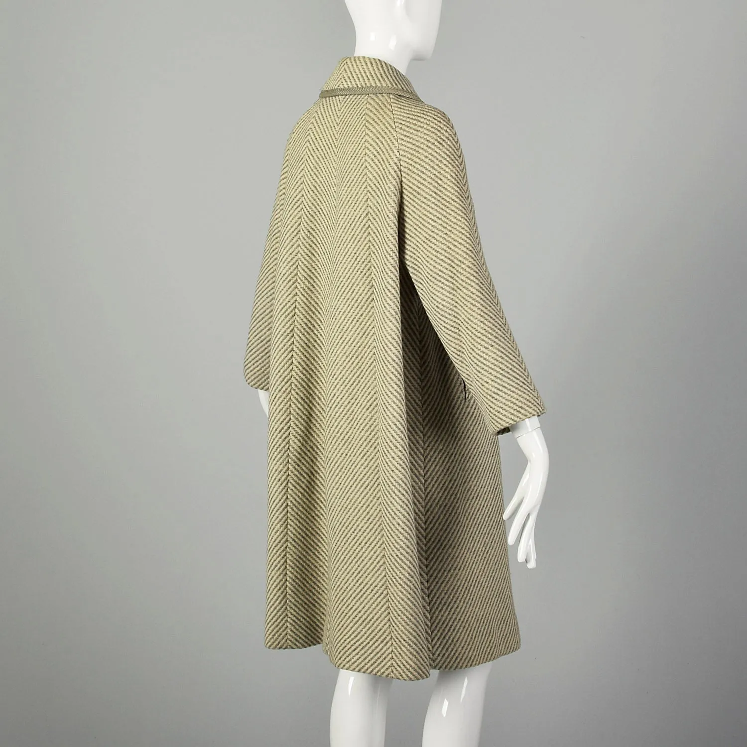 Large 1950s Swing Coat Gray Herringbone Stripe Wool Tweed Peter Pan Collar Winter Outerwear