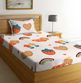 LAYNORA Premium Cotton Single Bedsheet with One Pillow Cover for Coat/Diwan/ 4x6 Bed 180 Tc (152 x 228 cm, Beige Kids Printed)