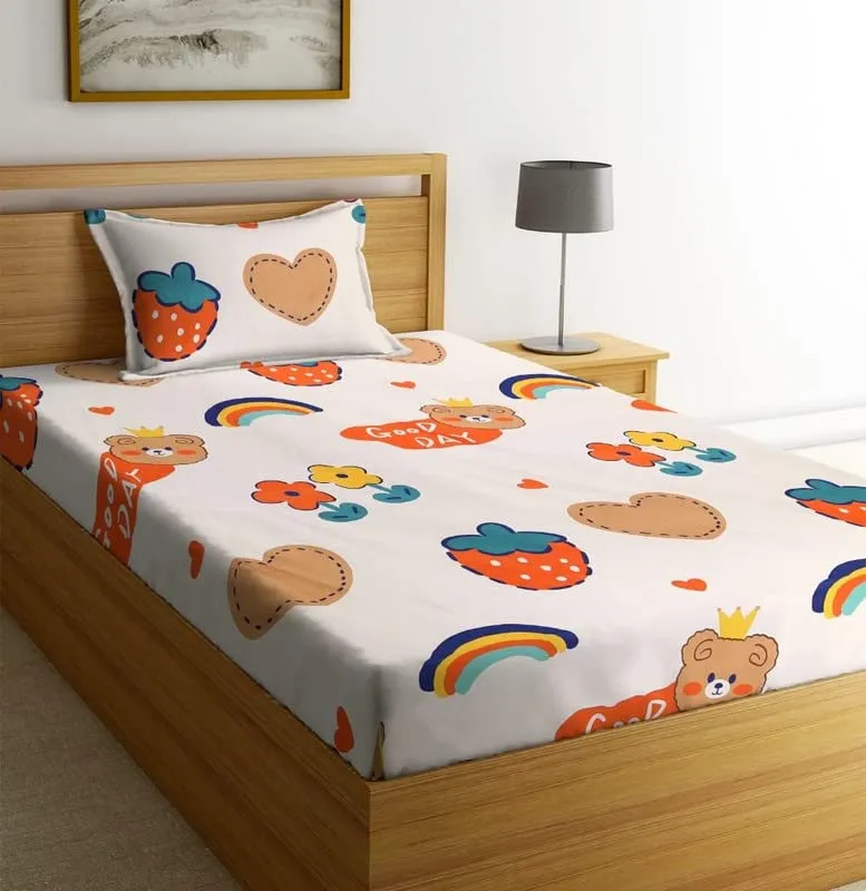 LAYNORA Premium Cotton Single Bedsheet with One Pillow Cover for Coat/Diwan/ 4x6 Bed 180 Tc (152 x 228 cm, Beige Kids Printed)