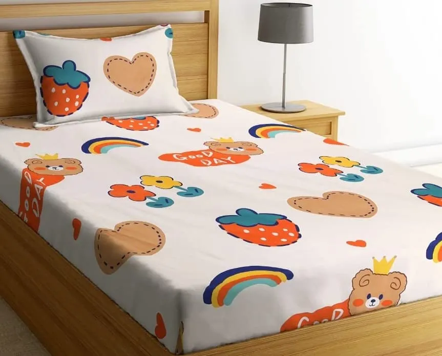 LAYNORA Premium Cotton Single Bedsheet with One Pillow Cover for Coat/Diwan/ 4x6 Bed 180 Tc (152 x 228 cm, Beige Kids Printed)