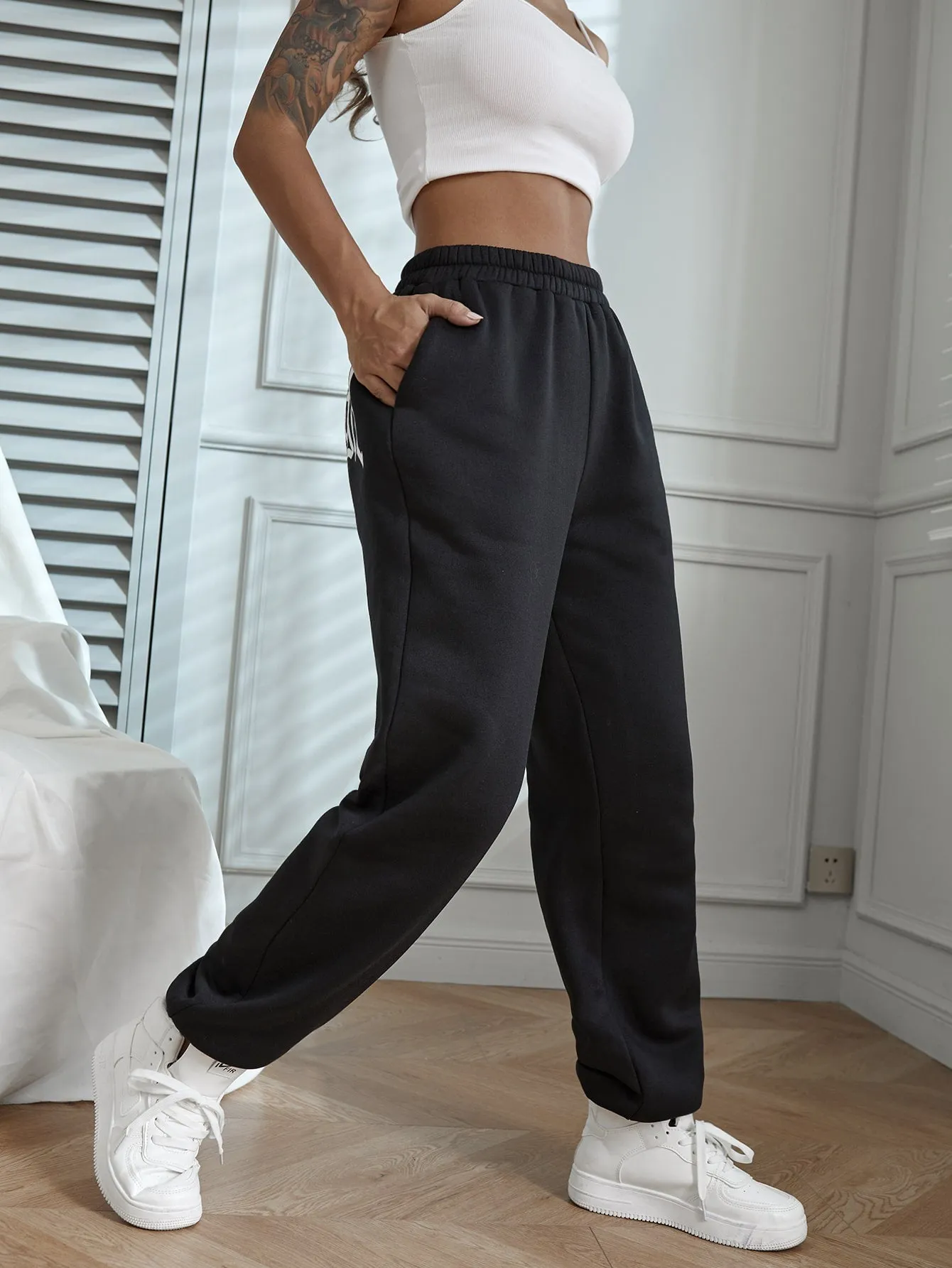 Letter Pocket Natural Long Women Sweatpants