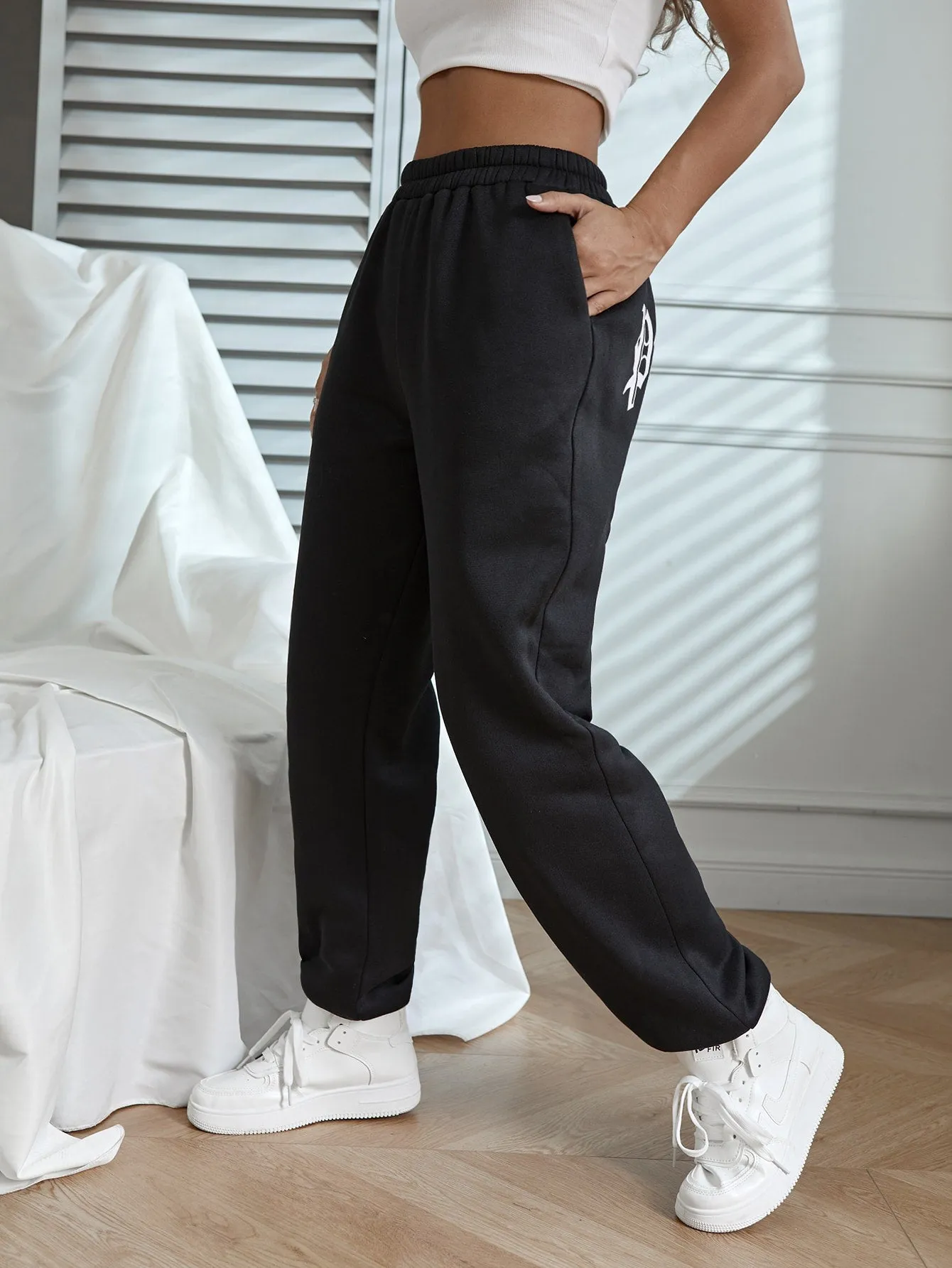Letter Pocket Natural Long Women Sweatpants