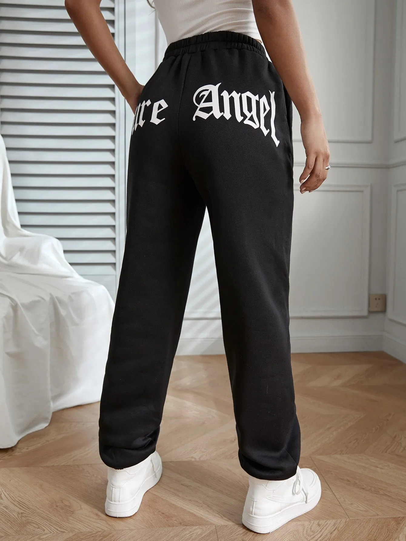 Letter Pocket Natural Long Women Sweatpants
