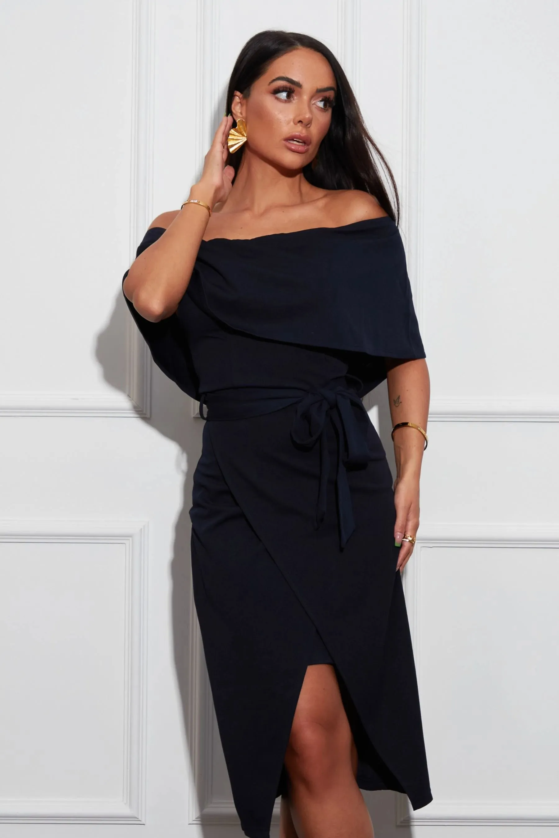 Lucia Navy Off The Shoulder Midi Dress (Navy)