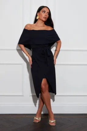 Lucia Navy Off The Shoulder Midi Dress (Navy)
