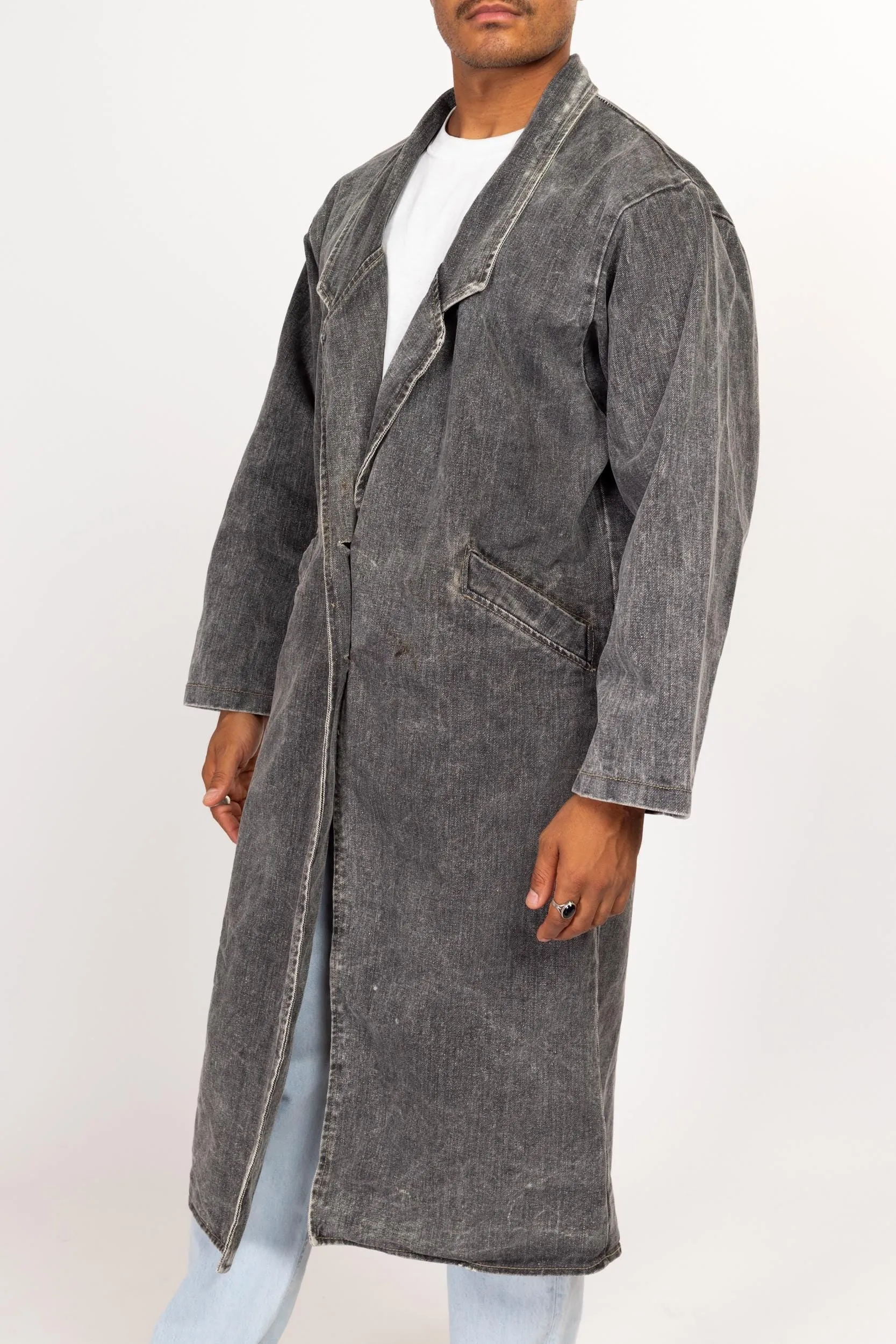 Medium 80s Acid Wash Grey Denim Duster Jacket