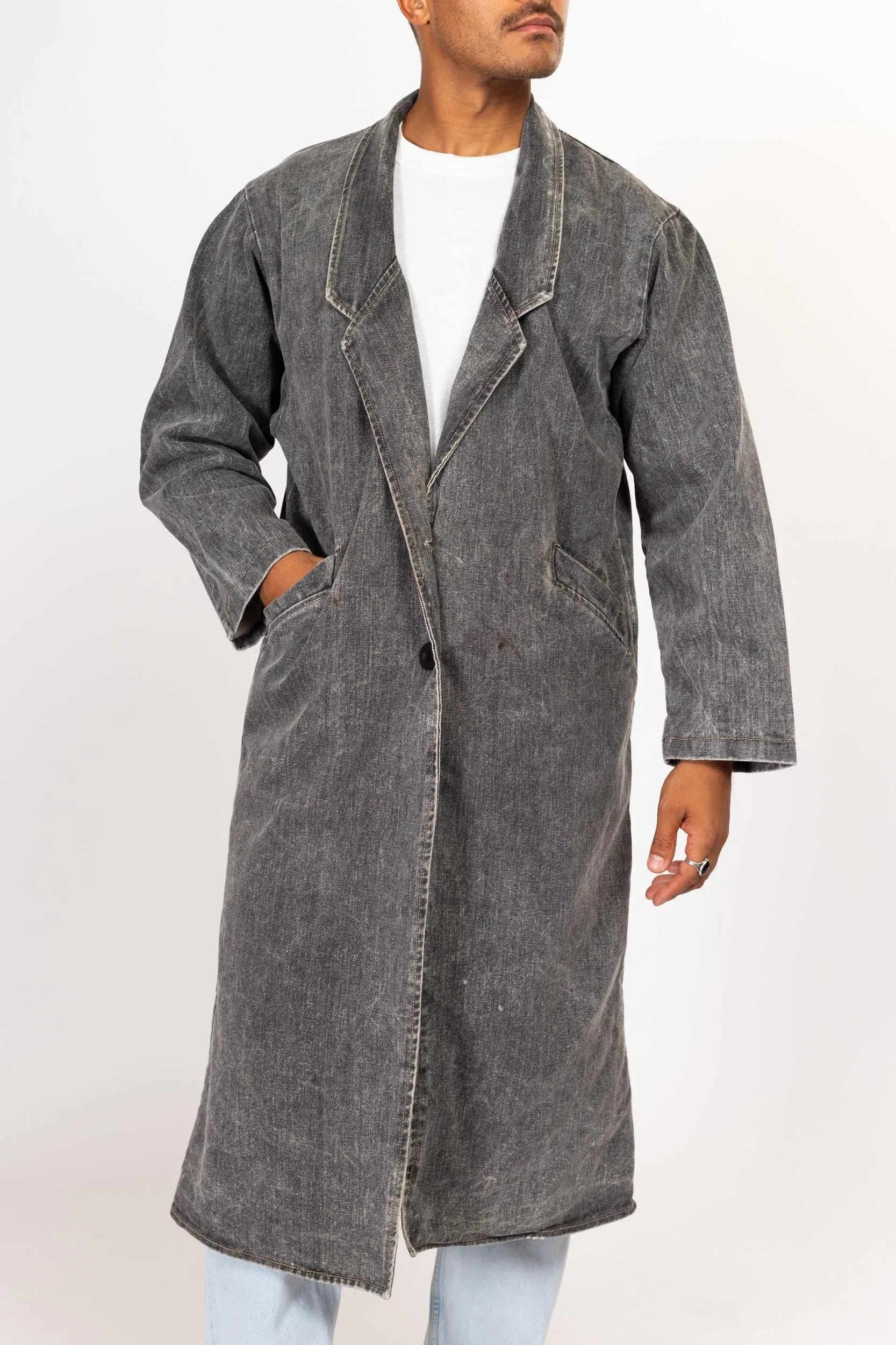 Medium 80s Acid Wash Grey Denim Duster Jacket