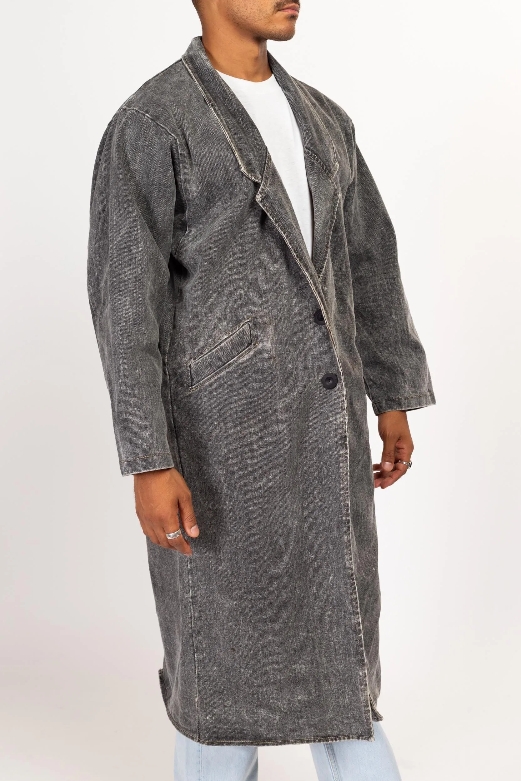 Medium 80s Acid Wash Grey Denim Duster Jacket