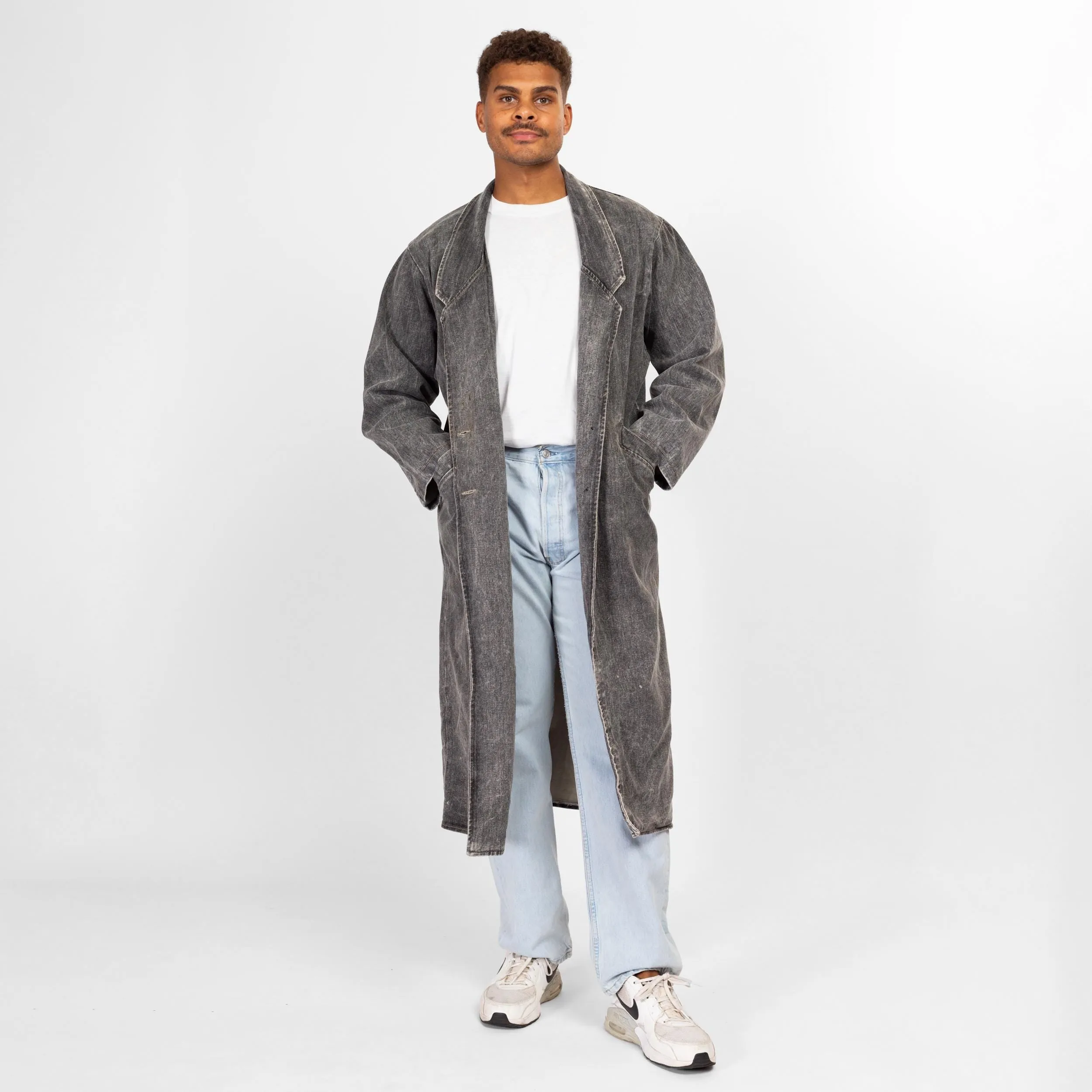 Medium 80s Acid Wash Grey Denim Duster Jacket
