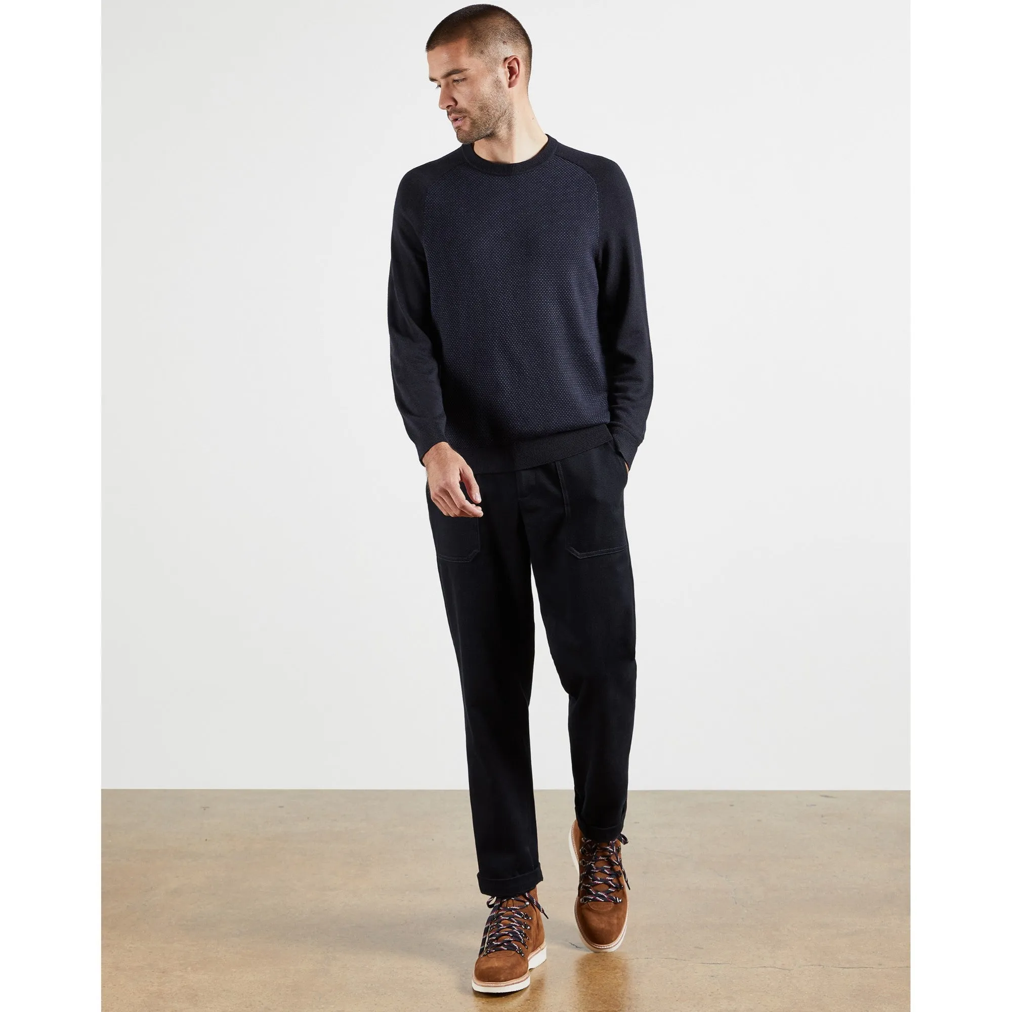 Men Newbiee-Ls Birdseye Spot Crew Neck Jumper - Navy
