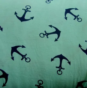 Navy Anchors on Mint Rayon Lycra Knit Fabric