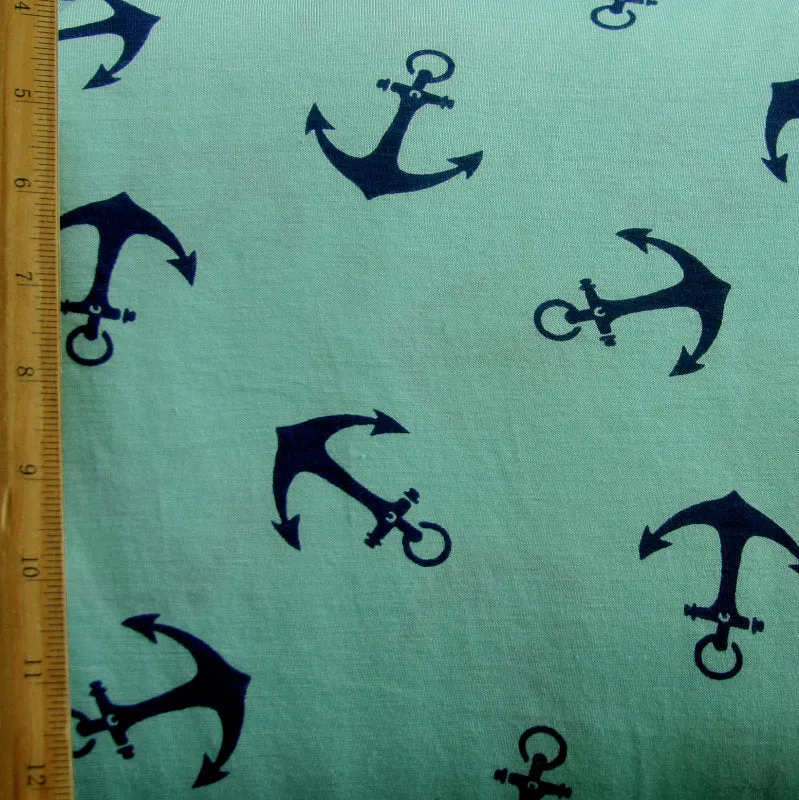 Navy Anchors on Mint Rayon Lycra Knit Fabric