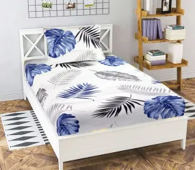 NEW LEAF Premium Cotton Single Bedsheet with One Pillow Cover for Coat/Diwan/ 4x6 Bed 180 Tc (150x225 cm, White Grey & Blue Wing)